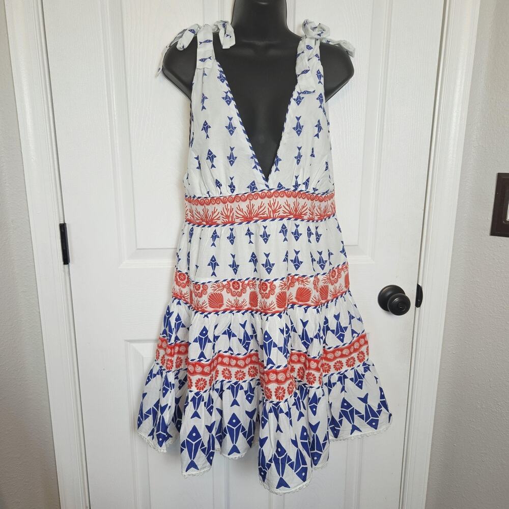 Farm Rio Dress Womens M White Blue Fish Coral Tiered Sundress Tie Strap Beach